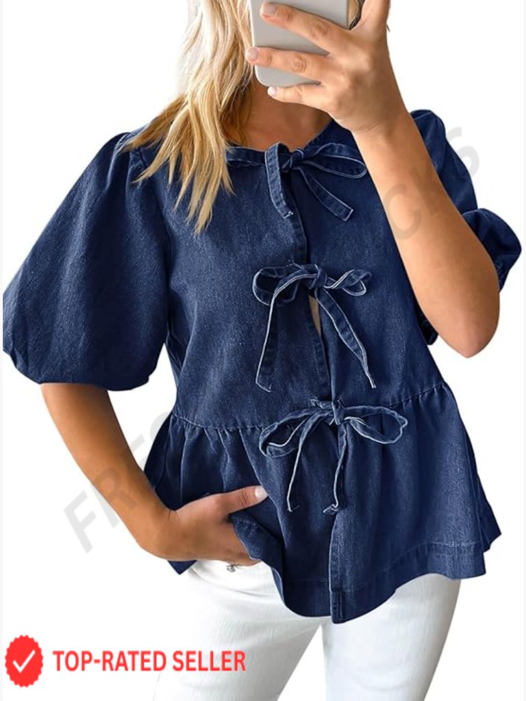 Denim Tie Front Babydoll Top Puff Sleeve Peplum Blouse Casual Summer Crew Neck